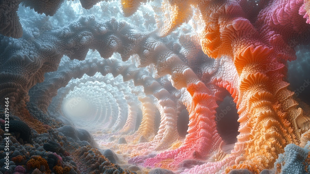 Aufkleber psychedelic fractal tunnel with swirling, colorful patterns and soft lighting.