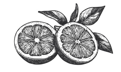 Orange fruit halves with leaves, detailed citrus sketch - linear icons set, vector.