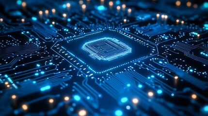 Obraz premium Futuristic Circuit Board Technology Close Up of Microchip and Glowing Pathways