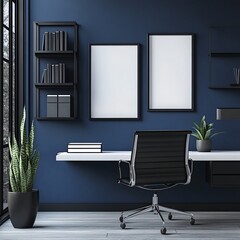 Minimalist Home Office Setup with Black Chair Desk and Potted Plant Near Window Frames