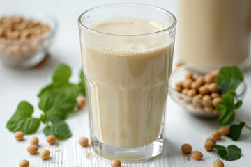 fresh soy milk in glass with soybeans and green leaves healthy dairy-free plant-based vegan milk alternative nutritious organic protein beverage perfect for lactose-free diet and wellness

