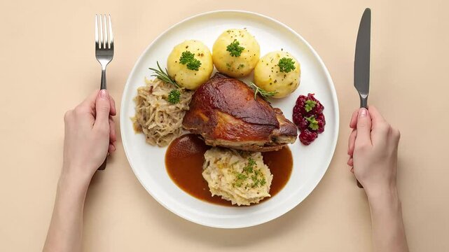 Traditional German Schweinshaxe with Potato Dumplings and Sauerkraut - Crispy and Juicy Pork Knuckle - looped 4к video