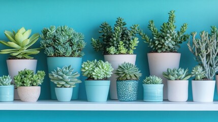 A white shelf, a minimalist backdrop of turquoise, cradled a vibrant collection of succulent plants, their plump forms and varied textures adding a touch of nature s artistry to the space.