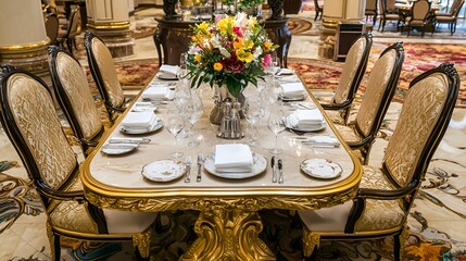 Luxurious dining room table set for a meal, interior view