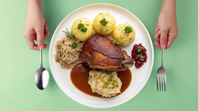 Traditional German Schweinshaxe with Potato Dumplings and Sauerkraut - Crispy and Juicy Pork Knuckle - looped 4к video