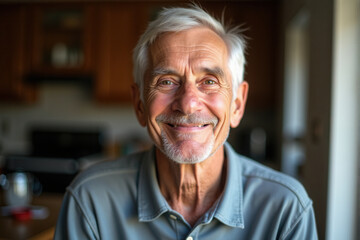 A cheerful senior with white hair and bright eyes smiling warmly in a cozy home