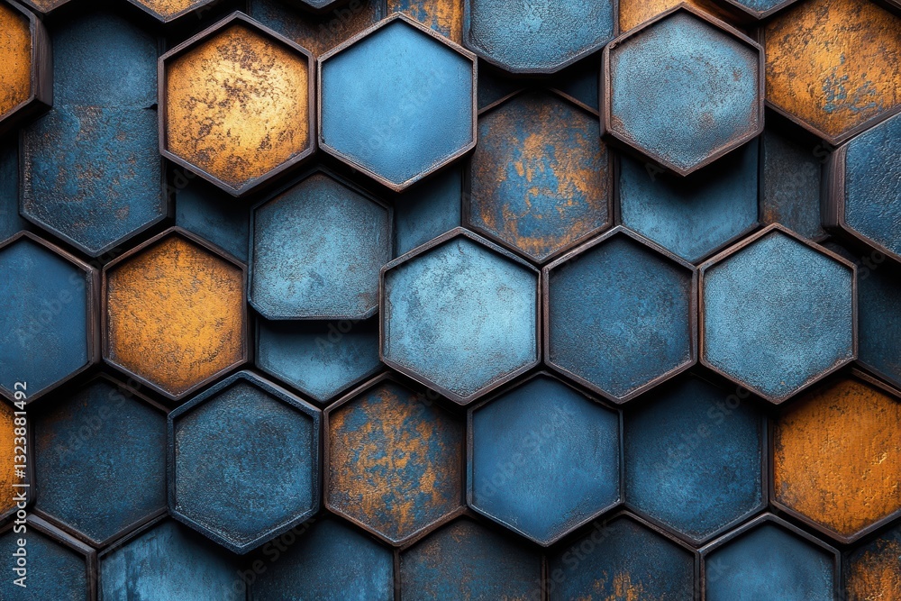 Poster bright hexagonal pattern showcasing blue and orange hues with a textured finish