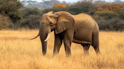 Fototapeta premium A majestic elephant stands gracefully in a golden grassland, showcasing its large size and gentle demeanor amidst a serene natural landscape.
