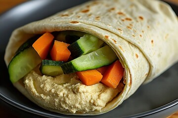 A delicious and healthy vegan wrap filled with hummus, fresh cucumbers, and juicy carrots, presented on a dark plate with a clean, inviting close-up shot.