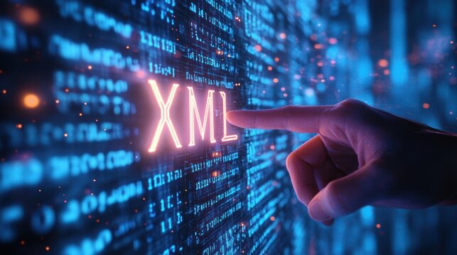 Futuristic Digital Illustration of XML with Binary Code and Neon Lights in Cyberpunk Style