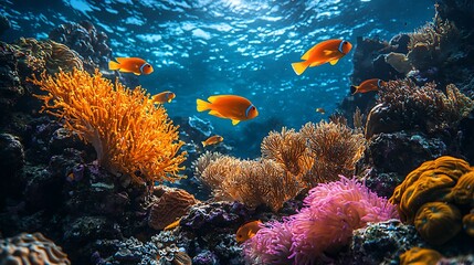 Fototapeta premium Vibrant Underwater Scene Colorful Coral Reef Tropical Fish Ocean Life