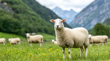 Obraz premium Flock of sheep grazing in a green meadow with mountains in the background. Concept of agriculture, livestock, and rural landscape.