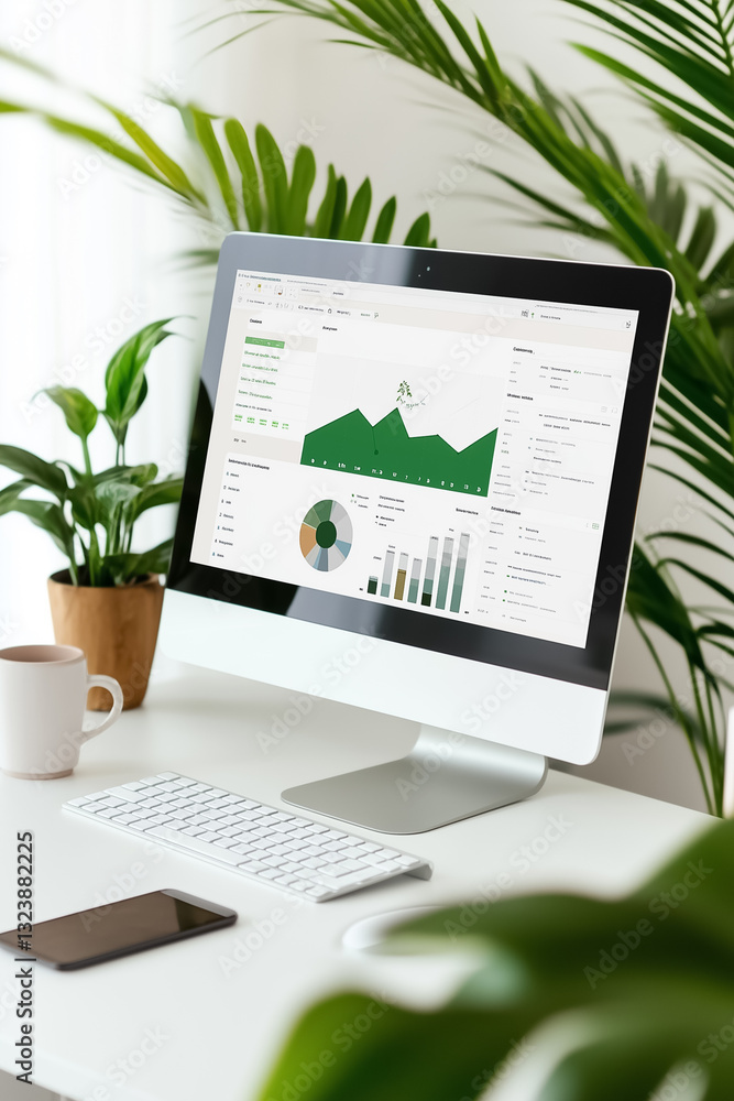 Poster a sleek desktop computer showcases colorful data charts and graphs in a bright workspace filled with