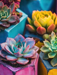 Colorful Succulent Arrangement in Square Pots: A Vibrant Botanical Display