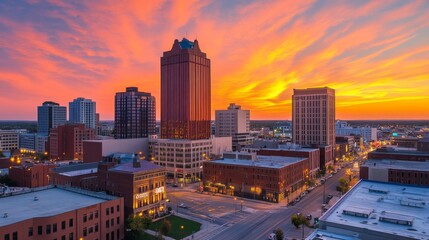 Obraz premium Stunning sunset over a vibrant city skyline with illuminated buildings and streets below