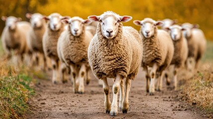 Obraz premium A flock of sheep walking on a dirt road in autumn. Concept of livestock, agriculture, and rural life.