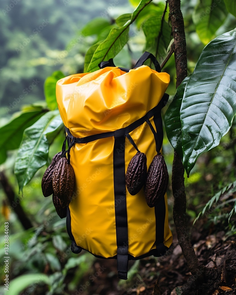 Poster yellow backpack with attached cocoa pods in tropical setting