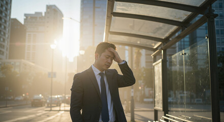 Stressed businessman standing at bus stop in cityscape