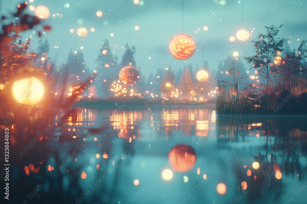 Poster mystical lake scene with glowing orbs reflecting in calm water, surrounded by trees and reeds, creat