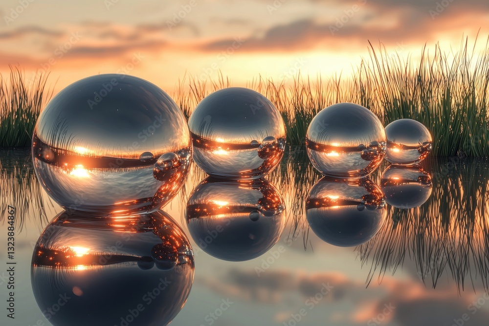 Poster a captivating reflection of the sunset on chrome spheres floating in still water, creating a surreal
