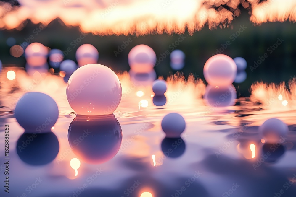 Poster a captivating scene of spheres resting on rippled water surface with reflections, creating a mesmeri
