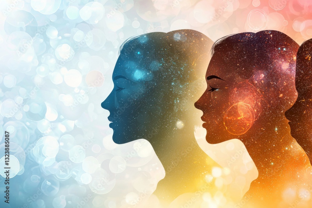Poster abstract artwork featuring silhouettes of human faces filled with celestial imagery, evoking a sense