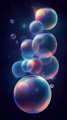 Black background with floating soap bubbles, iridescent colors, light and aesthetic.