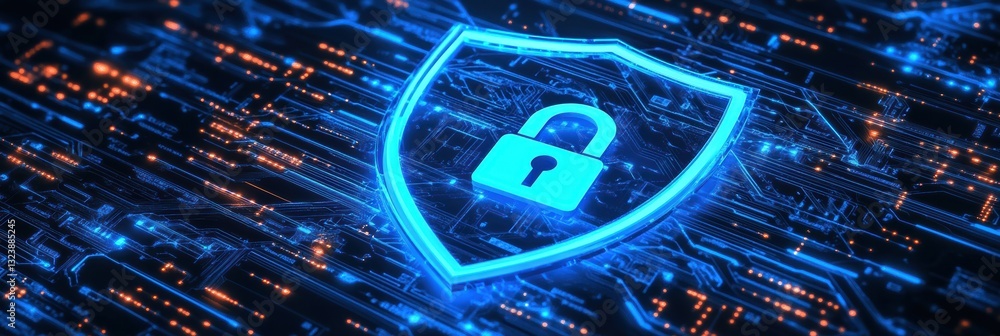 Poster digital shield with lock symbolizes cyber security and data protection strategies