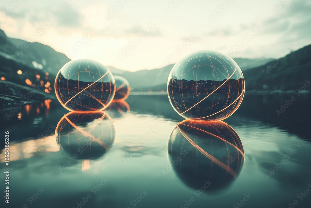 Aufkleber glowing orbs on a serene lake reflecting in the still water with a mountainous backdrop, creating a 
