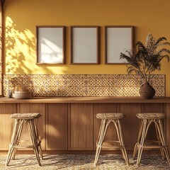 Rustic Home Interior with Wooden Stools Frames and Plant Display Sunny Warm Atmosphere Bohemian Style