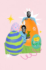 Vertical picture collage happy cheerful carefree man woman celebrate easter egg theme party rabbit...
