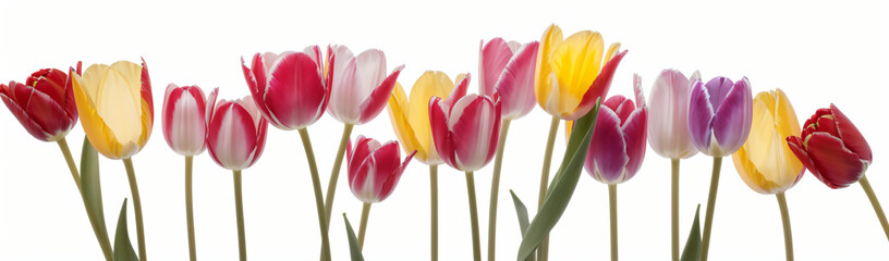 "Experience the elegance of spring.  
Vivid tulips gracefully arranged against a pure white background,  
highlighting the delicate beauty of seasonal blooms."