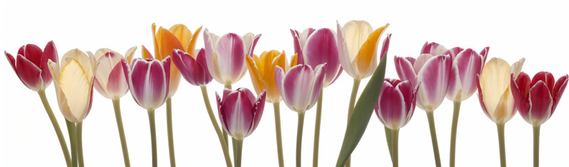"Experience the elegance of spring.  
Vivid tulips gracefully arranged against a pure white background,  
highlighting the delicate beauty of seasonal blooms."
