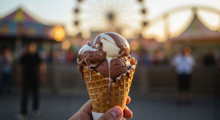 Hand holding dripping ice cream cone at summer fair