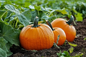 Obraz premium Three vibrant orange pumpkins growing in a lush green field