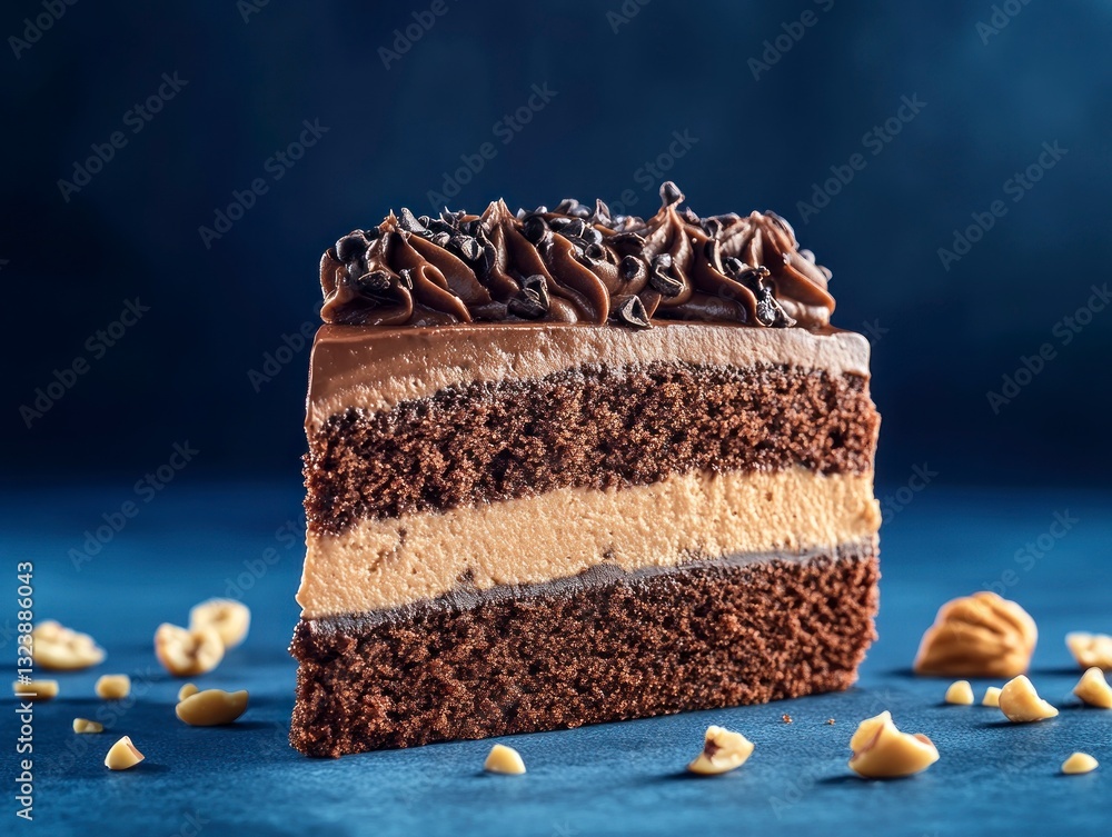 Poster chocolate layer cake slice with peanut butter filling and nuts
