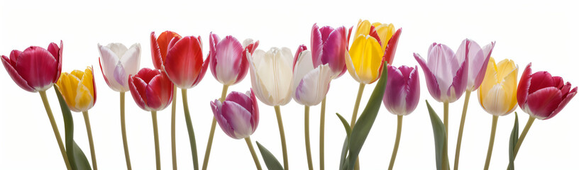 "Experience the elegance of spring.  
Vivid tulips gracefully arranged against a pure white background,  
highlighting the delicate beauty of seasonal blooms."