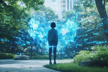 A lone woman stands amidst digital projections in a lush green park environment, contemplating the intersection of nature and technology, with futuristic city skyline