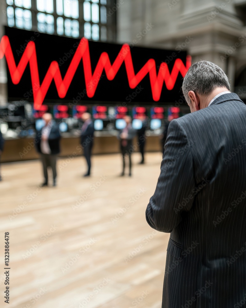 Poster businessman analyzing market trends with red graph on digital display in stock exchange environment