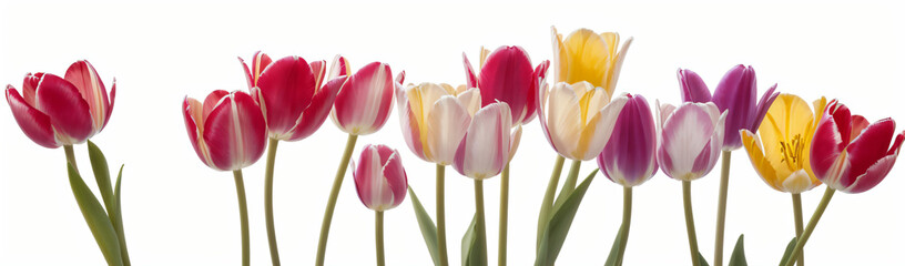 "Experience the elegance of spring.  
Vivid tulips gracefully arranged against a pure white background,  
highlighting the delicate beauty of seasonal blooms."