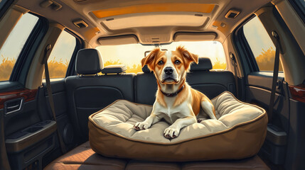 travelling with dog, Happy dog traveling in a car with a seatbelt on a sunny day, for petfriendly blog, Life Themes, Pet Photography for Blogs, Websites, and Social Media Campaigns
