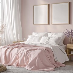 Serene Bedroom Haven with Plush Pink Blanket and Modern Wall Art for Relaxation and Peacefulness