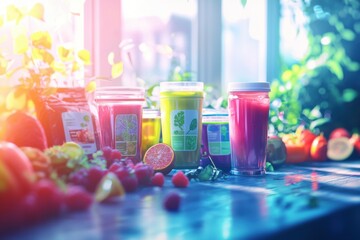 A vibrant assortment of freshly made fruit and vegetable juices in glass jars, displayed with colorful fruits and packaging, illuminated by soft, natural light.