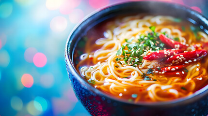 Spicy Noodle Soup with Chili Peppers and Sesame Seeds in a Dark Bowl