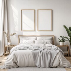 Serene Bedroom Interior with Artwork Above Bed and Potted Plant in Minimalist Style