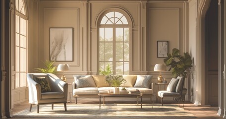 Living Room with Cream-Colored Walls and Arched Windows: Elegant Sofa, Armchairs, Coffee Table, Framed Artwork, Plants, and Soft Shadows. Perfect for Cozy Atmosphere and Social Gatherings.