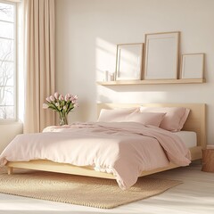 Serene Bedroom Interior Featuring Pale Pink Bedding with a Soft Aesthetic and Floral Arrangement