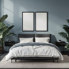 Serene Bedroom Interior with Gray Headboard and Lush Plants Against a Moody Blue Wall Backdrop