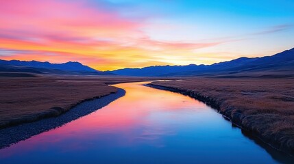 Scenic landscape with a river reflecting the colorful sunset sky. Serene nature scene with mountains in the background.