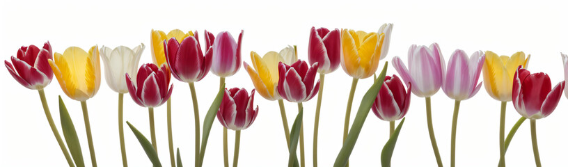 "Experience the elegance of spring.  
Vivid tulips gracefully arranged against a pure white background,  
highlighting the delicate beauty of seasonal blooms."